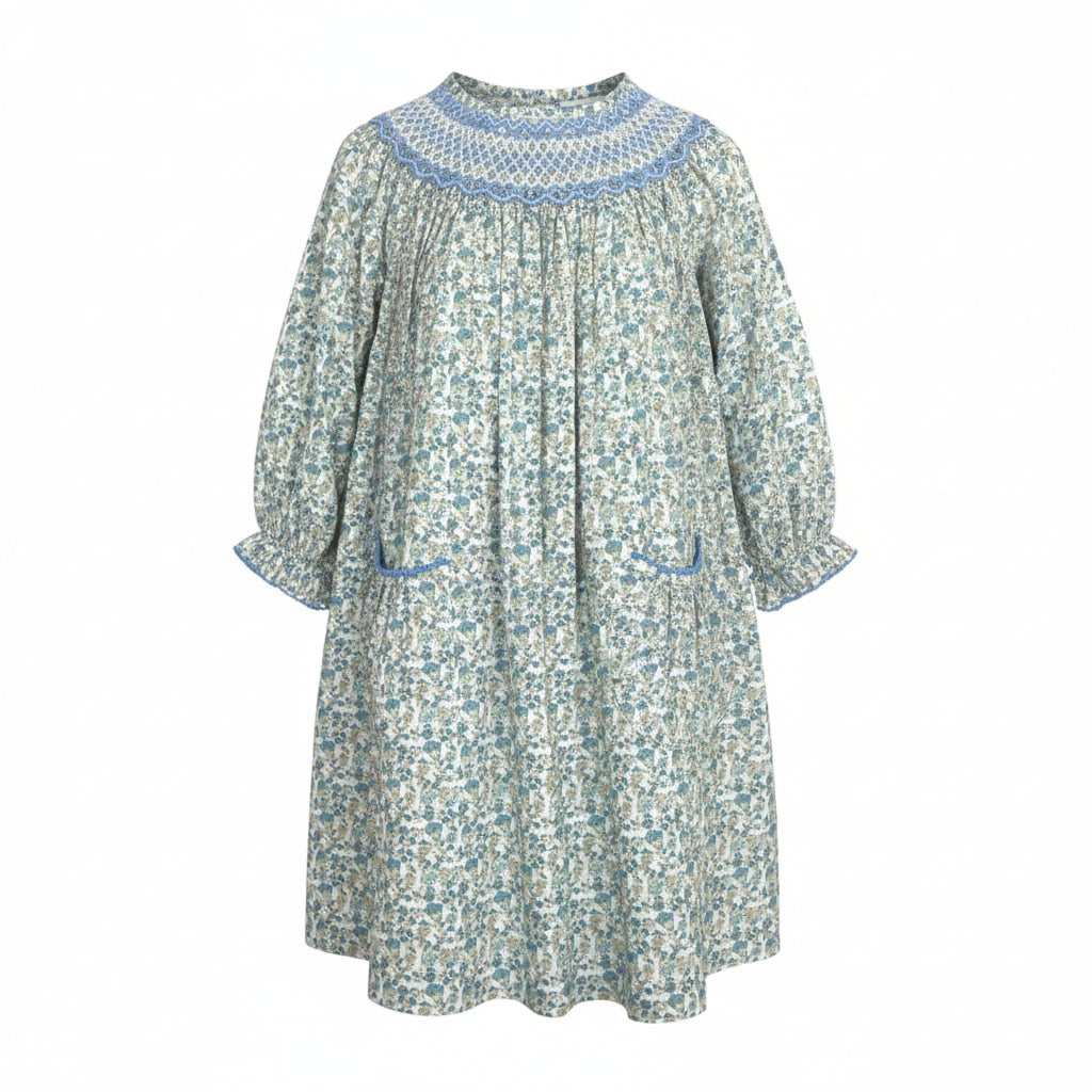 Delaney Girls Blue/Tan Mini Floral Smocked Geo Long Sleeve Bishop Dress DELF-156 5207