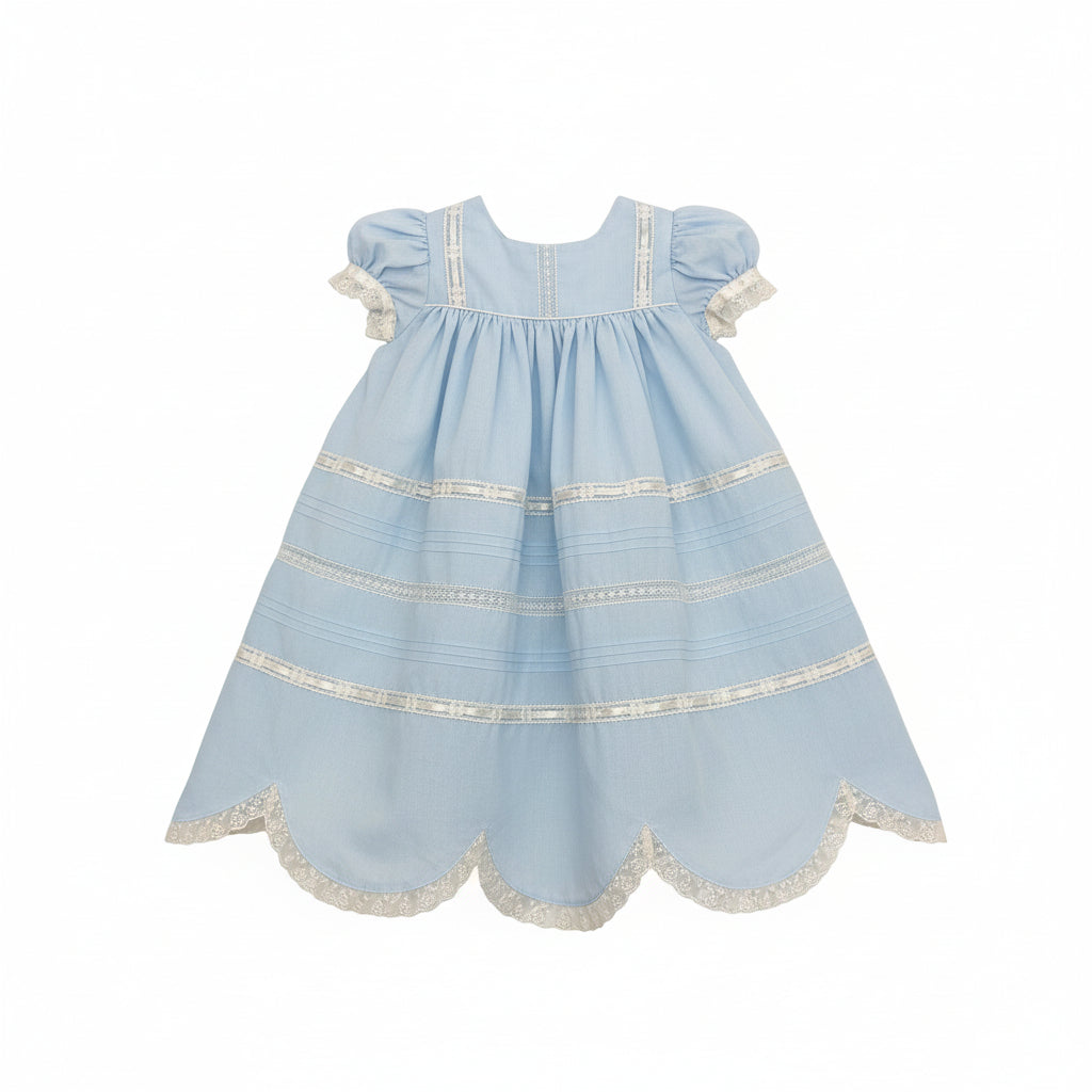 Treasured Memories Blue Dress W/Ecru Lace,  Ribbon and insertion F1996