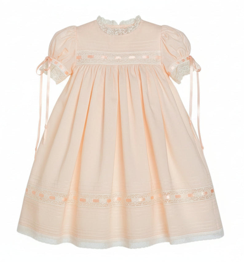 Treasured Memories Peach Dress W/Ecru Lace & Peach Ribbon S2690