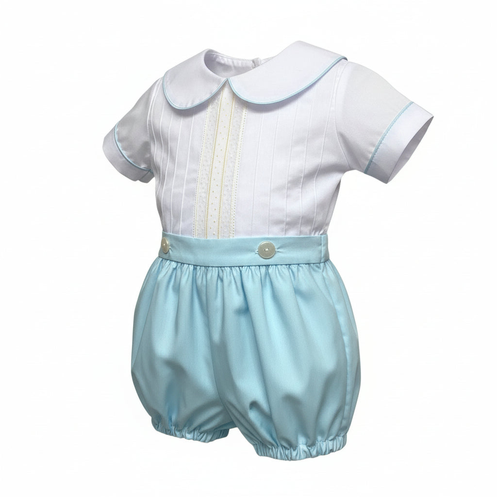 Treasured Memories  Boys White Shirt W/Aqua Piping & Aqua Shorts Ecru Insertion F1993 5202