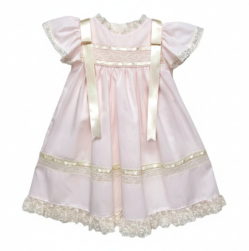Treasured Memories Pink Angel Sleeve Dress w/ Ecru Lace & Ribbon  S1823PK PK/EC
