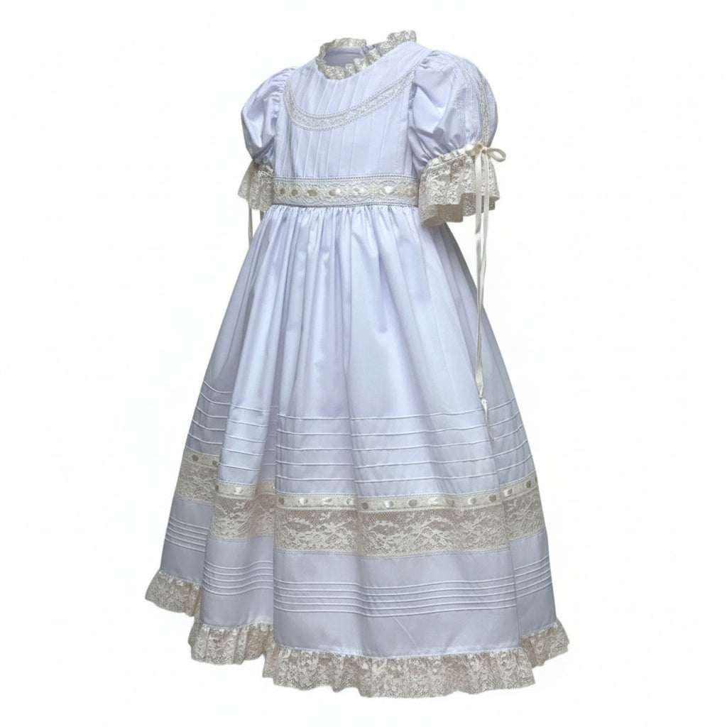 Treasured Memories Dress W/Ecru Lace & Ribbon, Lace Insertion W/Lace Belt at Waist W/Ribbon Tie Tucks W/Lace Hem 5607 5112