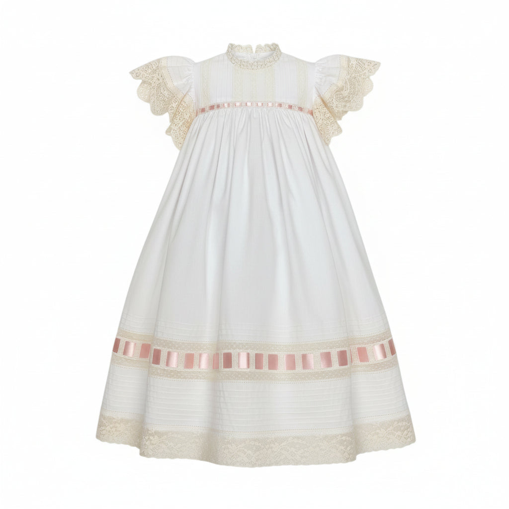 Treasured Memories White Dress W/Ecru Lace Pink Ribbon S2694 5212