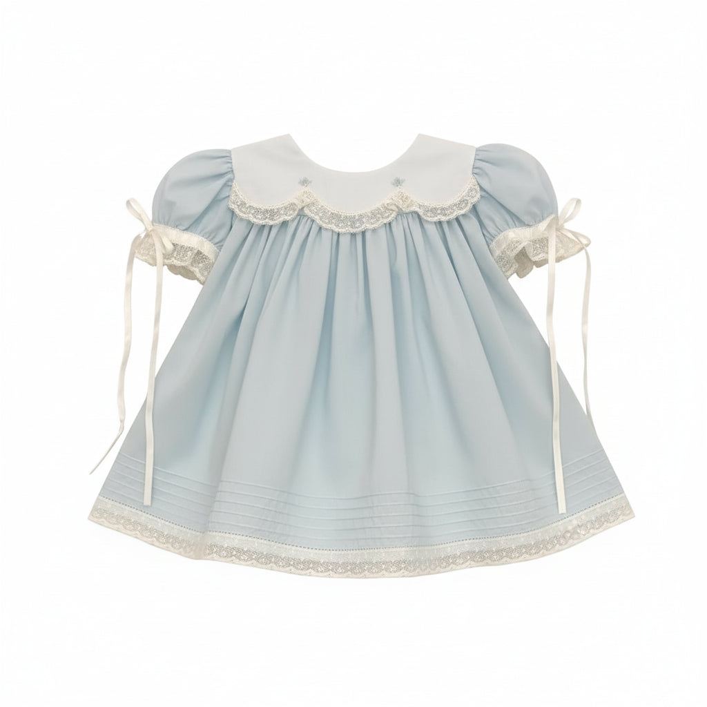 Treasured Memories Blue Dress w/ Blue Rosettes & Ecru Lace/Ribbon 1902 BL/EC