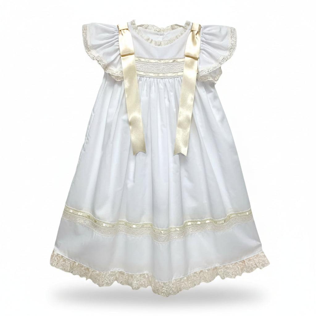 Treasured Memories White Angel Sleeve Dress w/ Ecru Lace & Ribbon Insert/Shoulder Ribbon S1823WH WH/EC