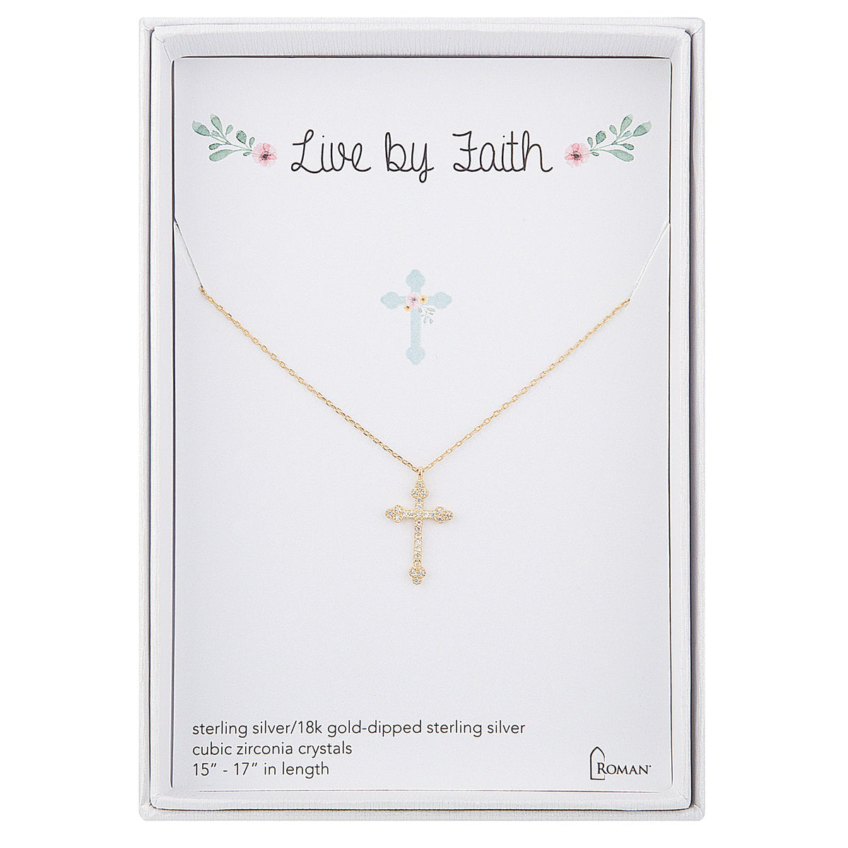 Roman Cross Necklace w/cubic zirconia crystals 15"-17"