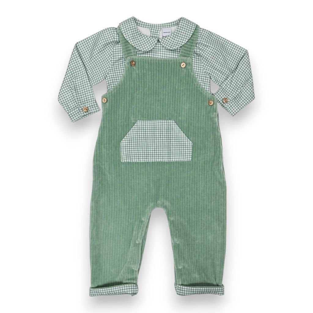Babidu Green Velour Overall W/Green Gingham & Green Gingham Peter Pan Collar Shirt 40137 5309