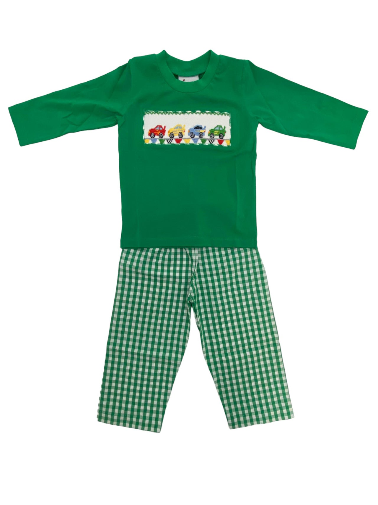 Delaney Boys Green Check Long Pant/Green Knit LS Smocked Race Cars 178 5108