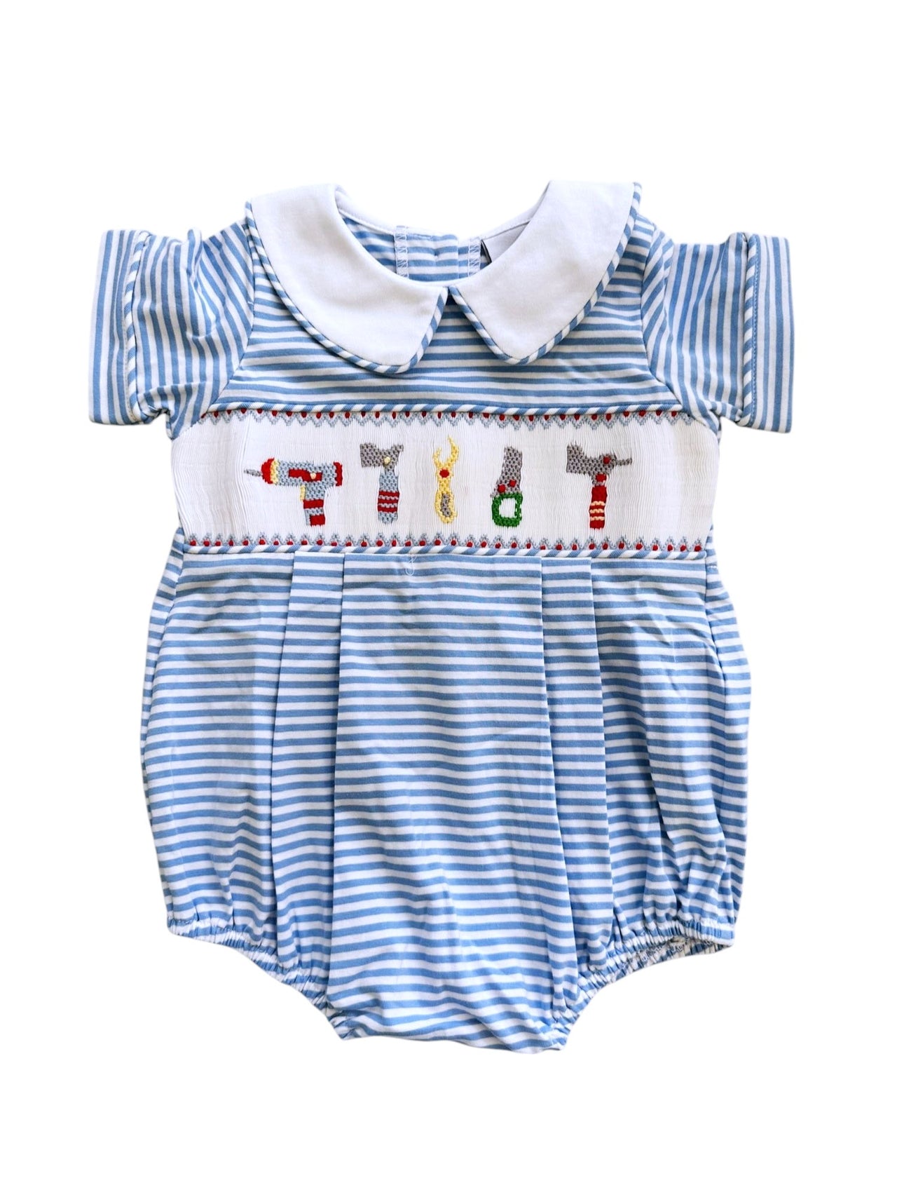 Delaney Boys Blue & White Mini Stripe Knit Set Smocked Tools Short Bubble DELS25-106 5201