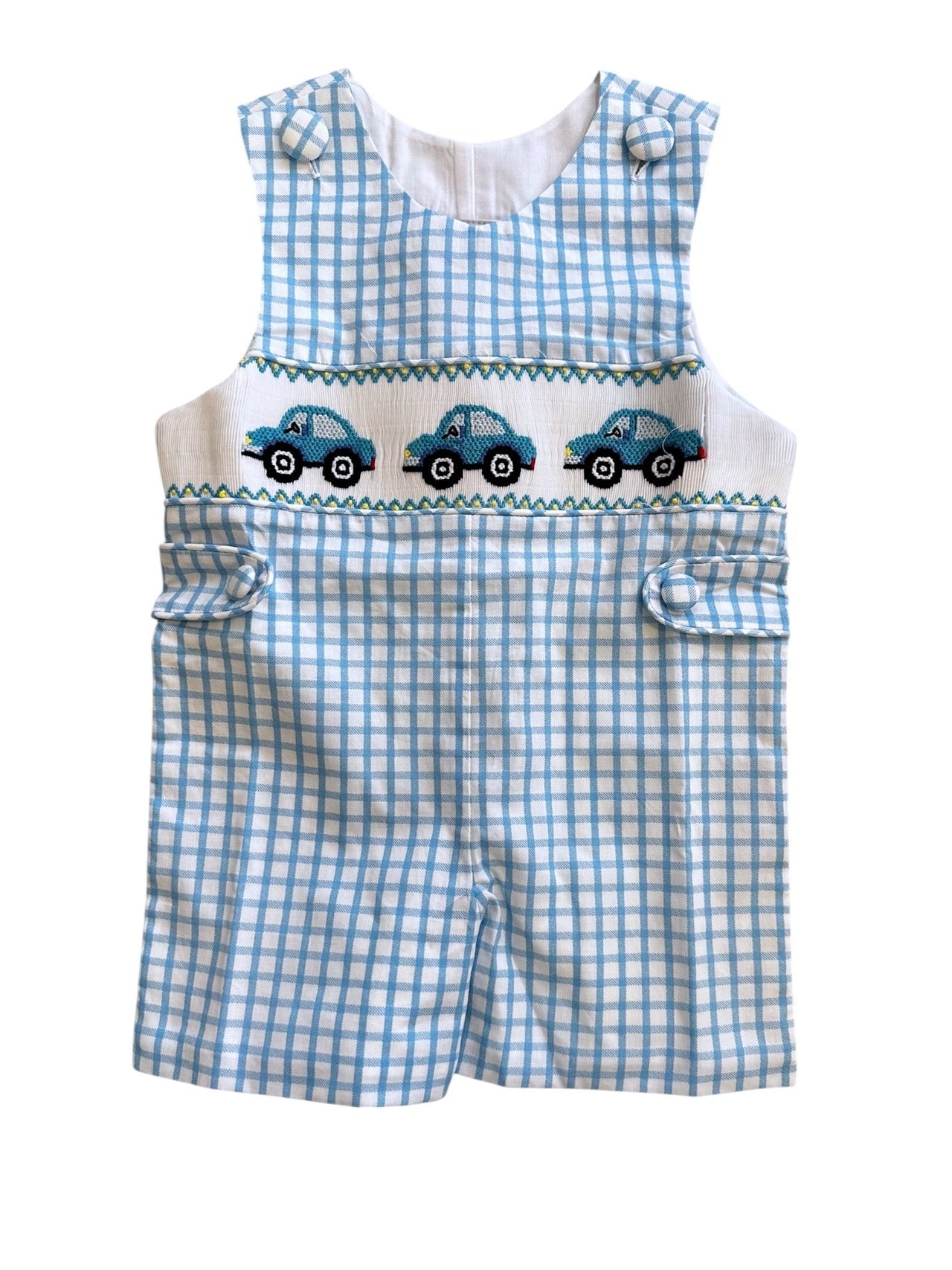 Delaney Boys Blue Window Pane Fabric Smocked Little Cars Short Jon Jon DELS25-61 5201