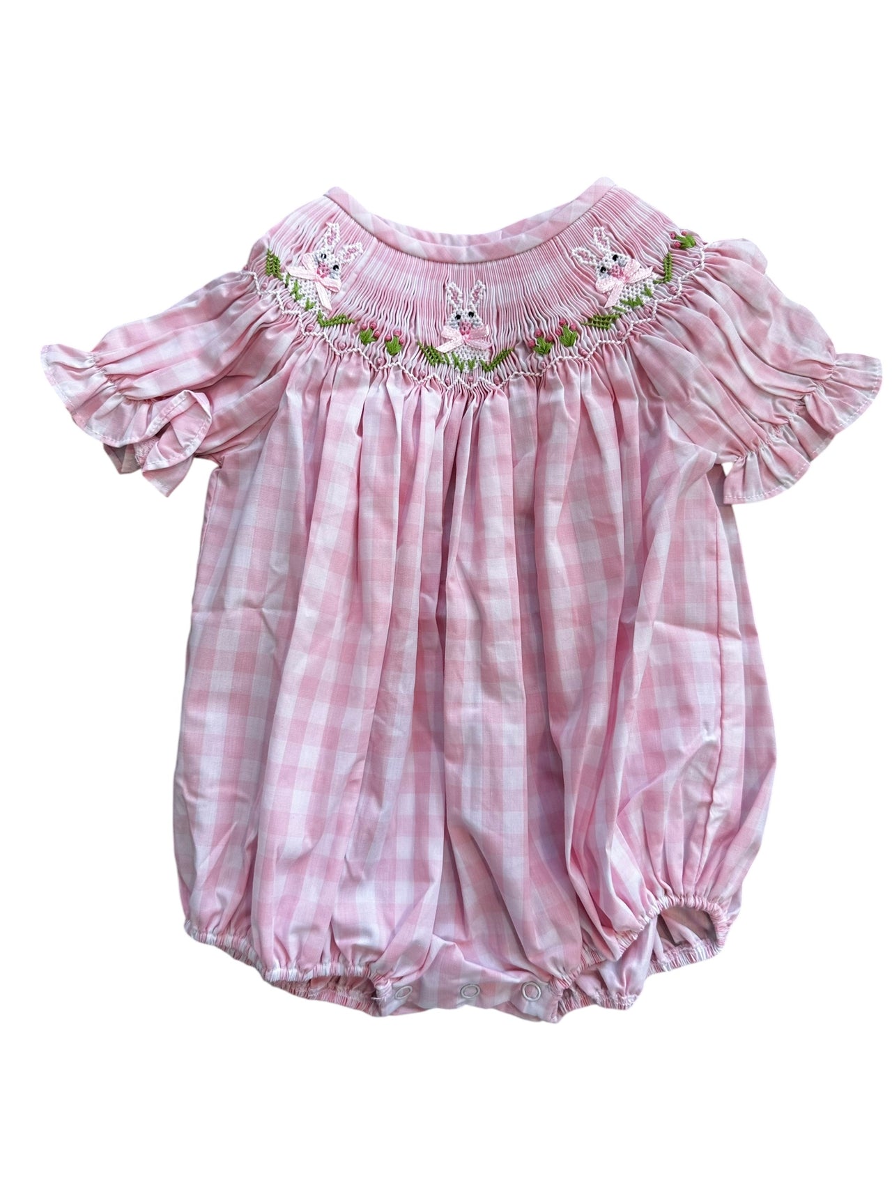 Delaney Girls Pink Check SS Bishop Bubble W/ Smocked Bunny DELS25-7 5201