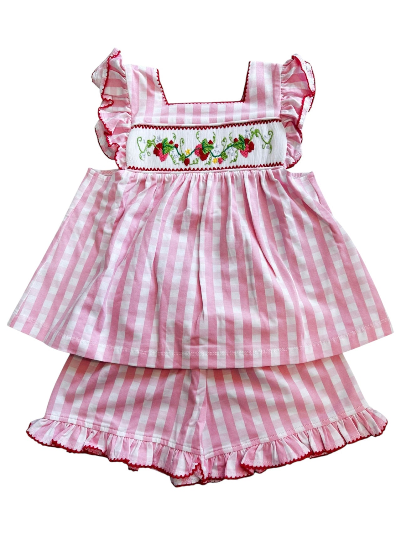 Delaney Girls Pink Check Sleeveless Smocked Strawberry Short set DELS25-172 5201