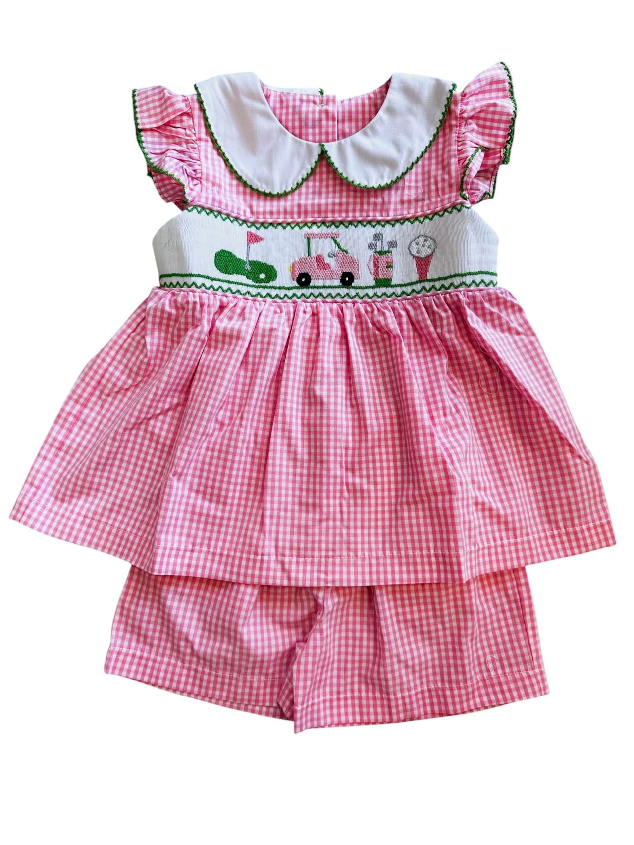 Delaney Girls Pink Gingham Smocked Golf Short Set DELS25-189 5201