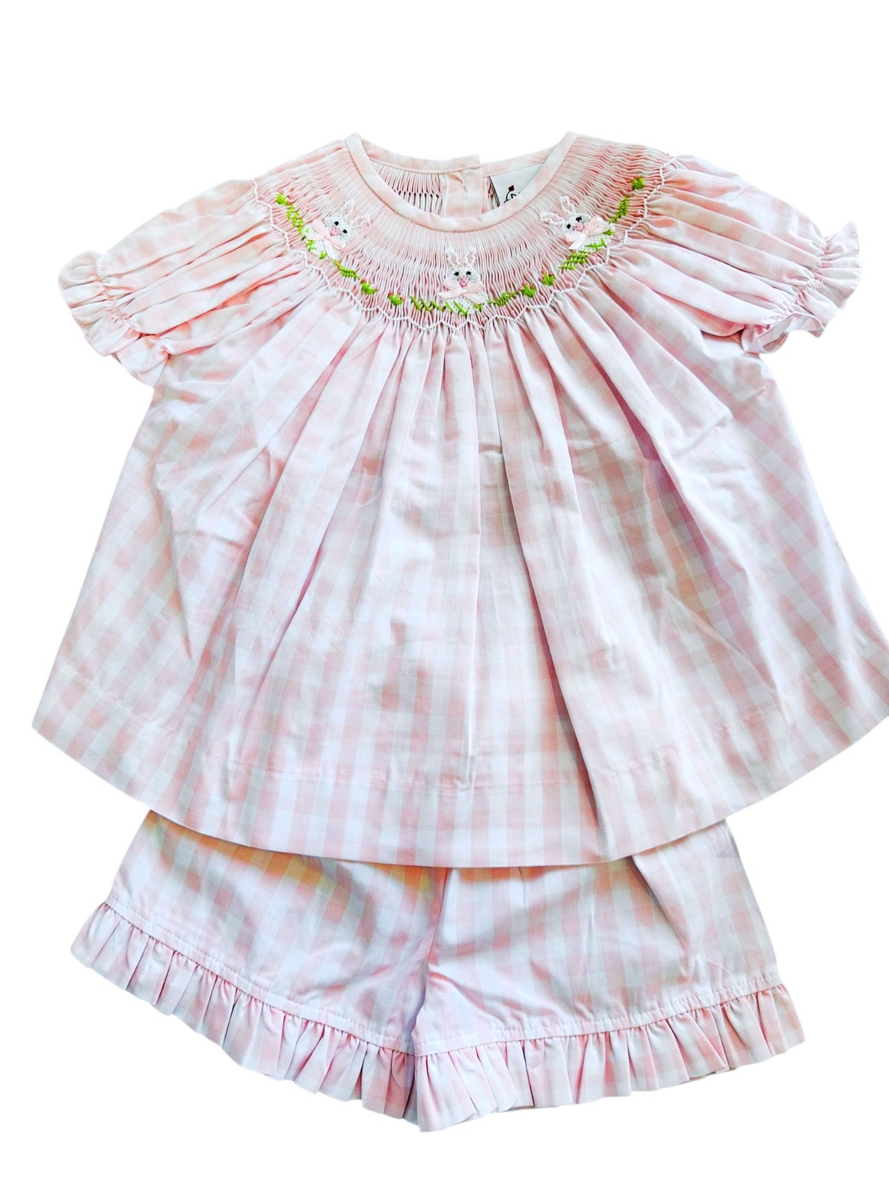 Delaney Girls Pink Check SS Bishop Smocked Top W/Smocked Bunny Short Set DELS25-8 5201