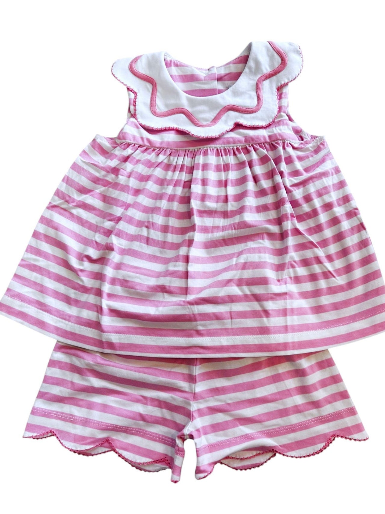 Delaney Girls Pink White Stripe Knit Sleeveless Scallop Collar Short Set DELS25-148 5201