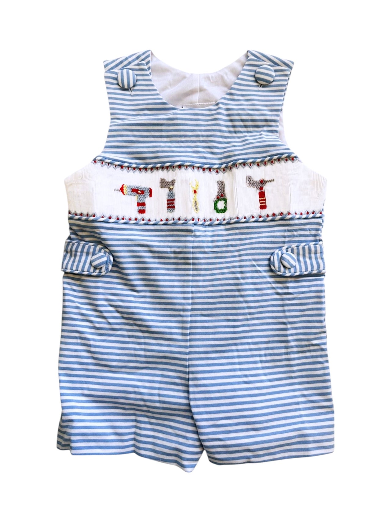 Delaney Boys Blue White Mini Stripe Knit Smocked Tools Short Jon Jon DELS25-107 5201