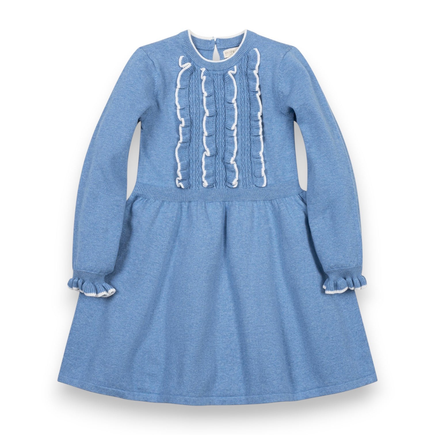 Hope & Henry Organic Ruffle Bodice Sweater Dress Medium Blue Heather 26FG3209 5308