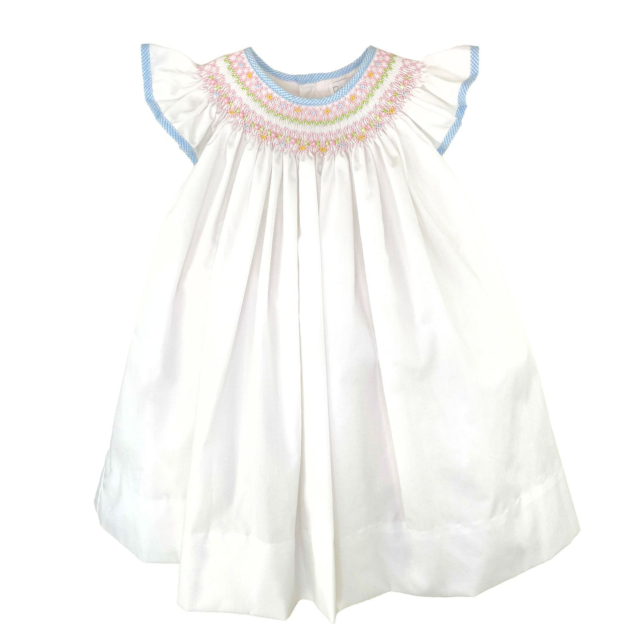 Petit Ami White Bishop W/Blue Gingham Trim & Pastel Floral Smocking  4283 5202