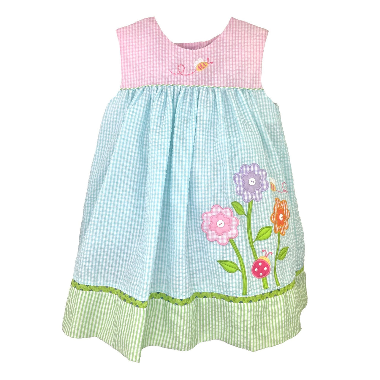 Petit Ami Seersucker Dress W/Bloomers Bee & Flowers Appl Pink/Aqua/Green 3263/4263 5202