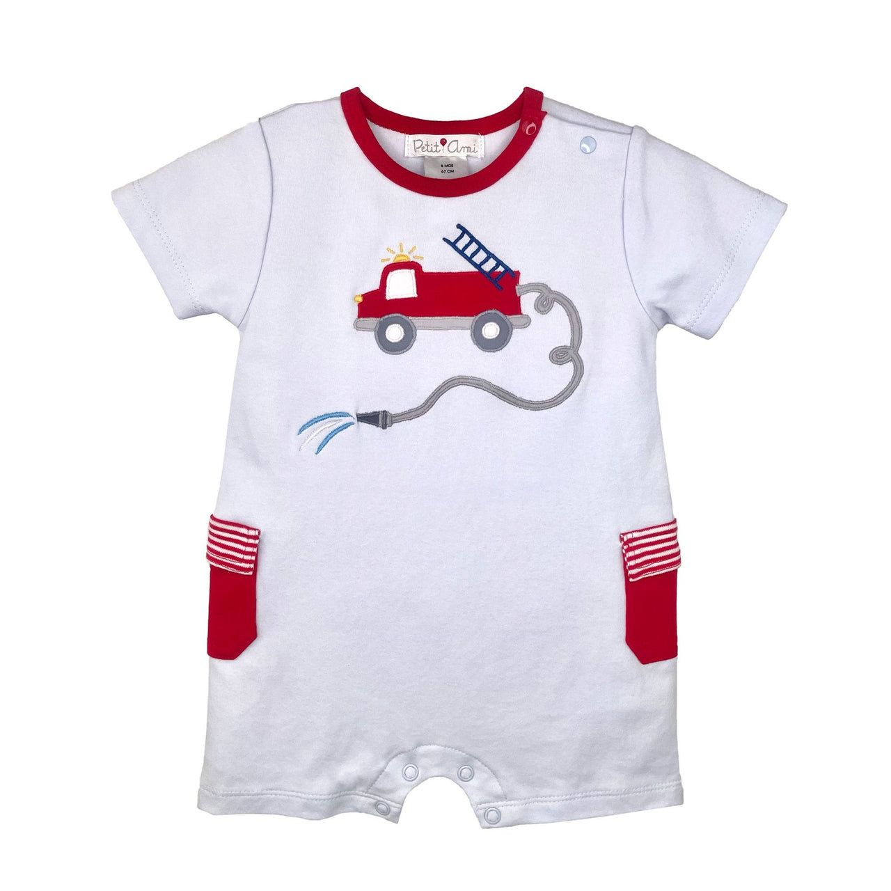 Petit Ami Fire Truck Appliqued Blue Romper 6625/6725 5202