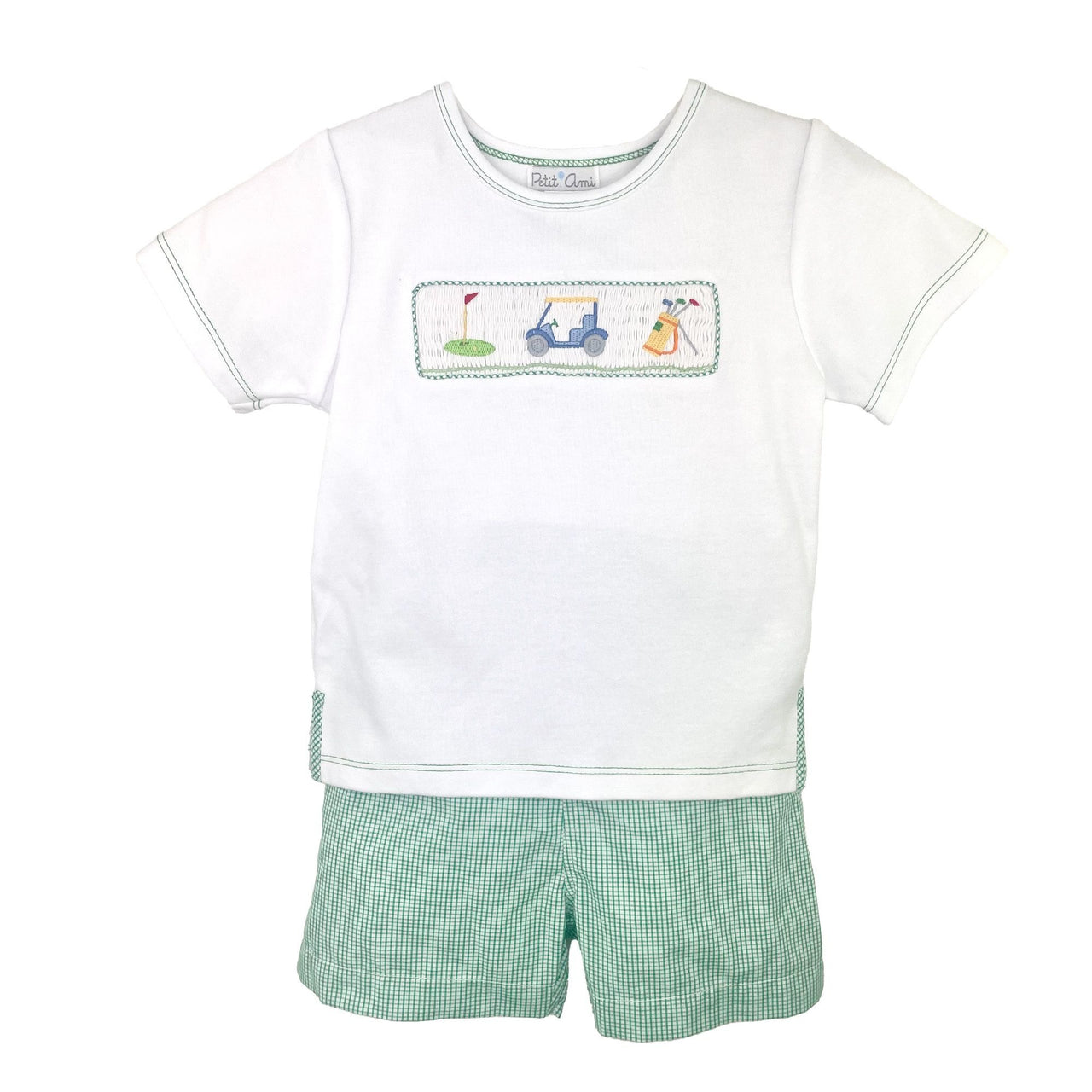 Petit Ami Green/White Short Set Smocked Golf Scene 4775 5201