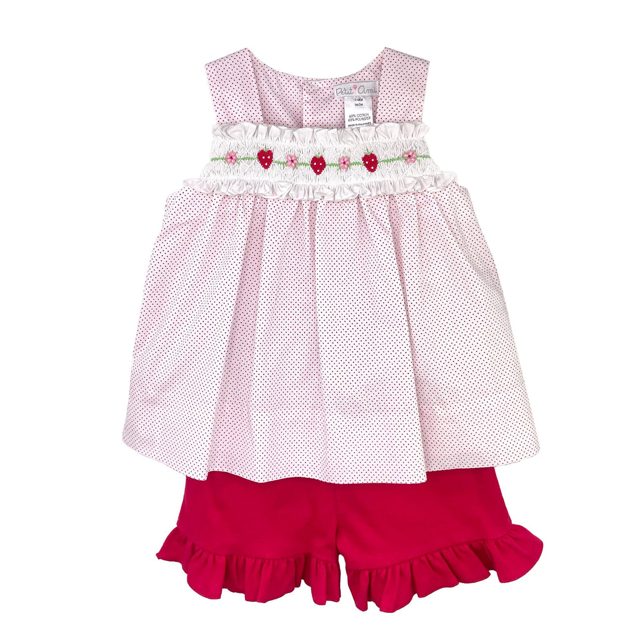 Petit Ami White Shirt/Red Dots W/Red Shorts Smocked Strawberries & Flowers 3289/4289 5203