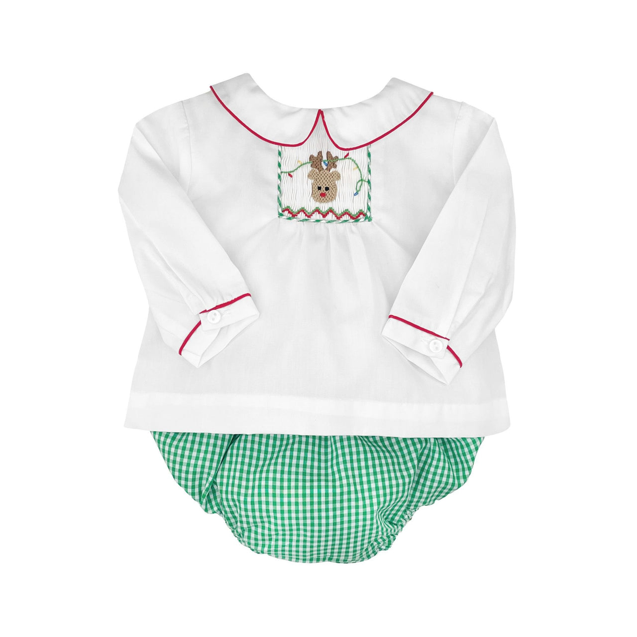 Petit Ami Diaper Set W/Reindeer Pix Smocking Insert White/Green 1882 5109