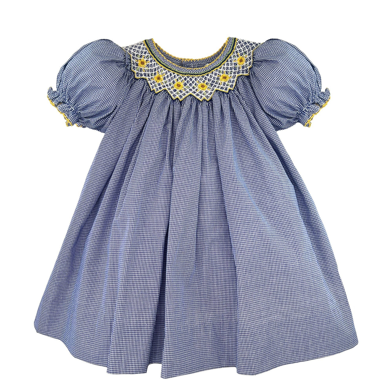 Petit Ami Navy Gingham Bishop Dress W/Bullion Sunflowers  3373 5109