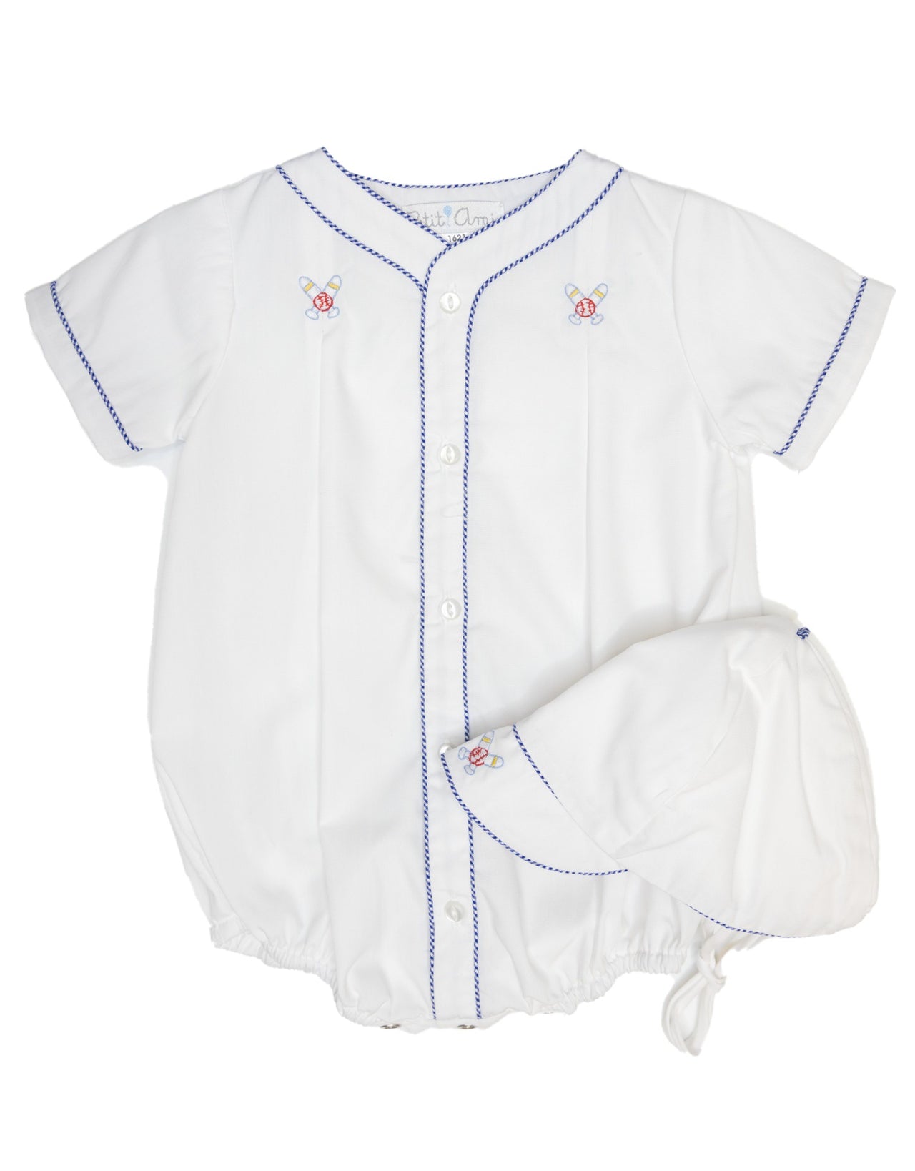 Petit Ami Romper/Hat W/Baseball Emb White/Navy 2620 5212
