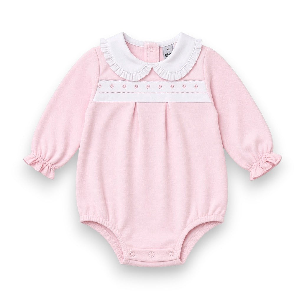 Babidu Baby Girl Pink Cotton Knitted Romper W/White Peter Pan Ruffled Collar & Pink Dots 31630 5309