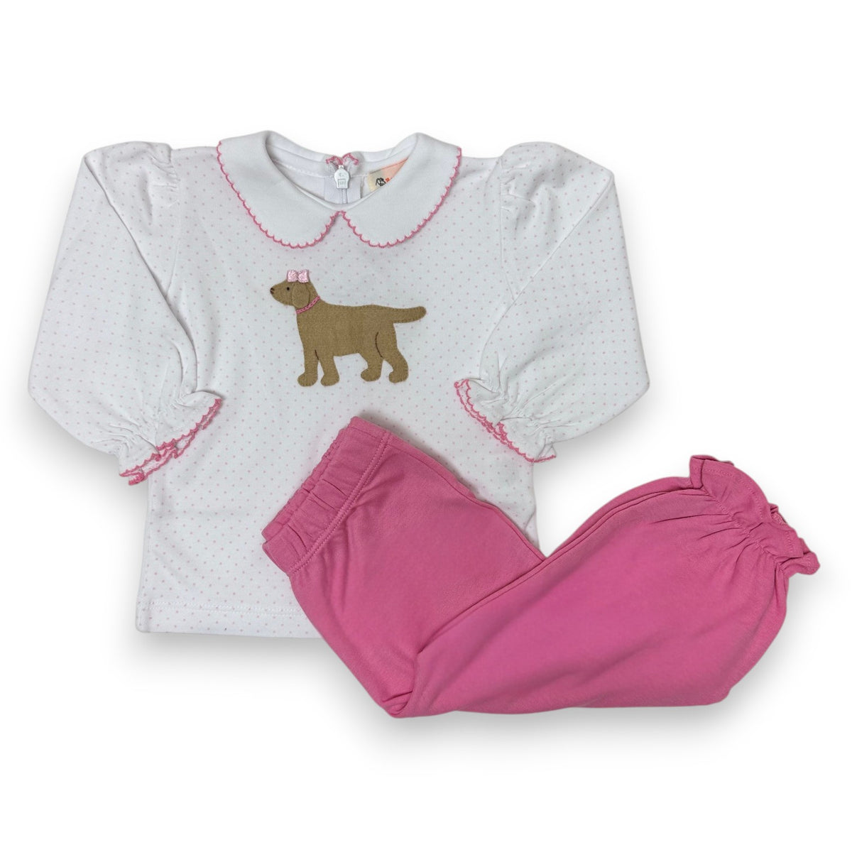 Luigi Girl White PP Collar Blouse W/Pink Dots and Lab Applique & Lt Bubble Gum Bubble Pants 5309