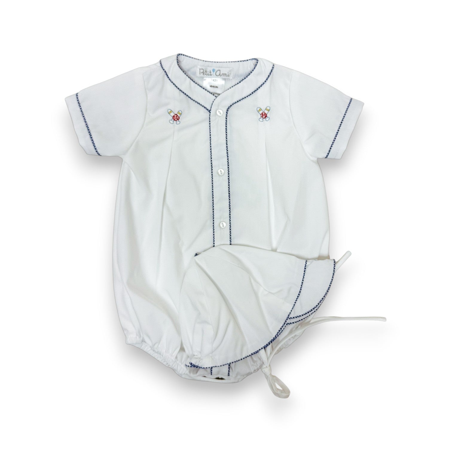 Petit Ami White Romper W/Baseball Embroidery & Hat NB 1621 5304