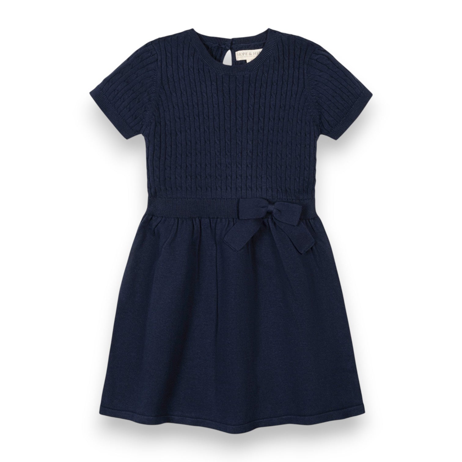 Hope & Henry Girls Organic Short Sleeve Cable Sweater Dress Navy 26FG3240 5308
