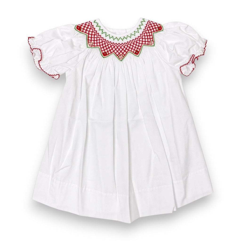 Lulu Bebe White Bishop Dress W/Red/Green Geometric Smocking EMMA-20 5309