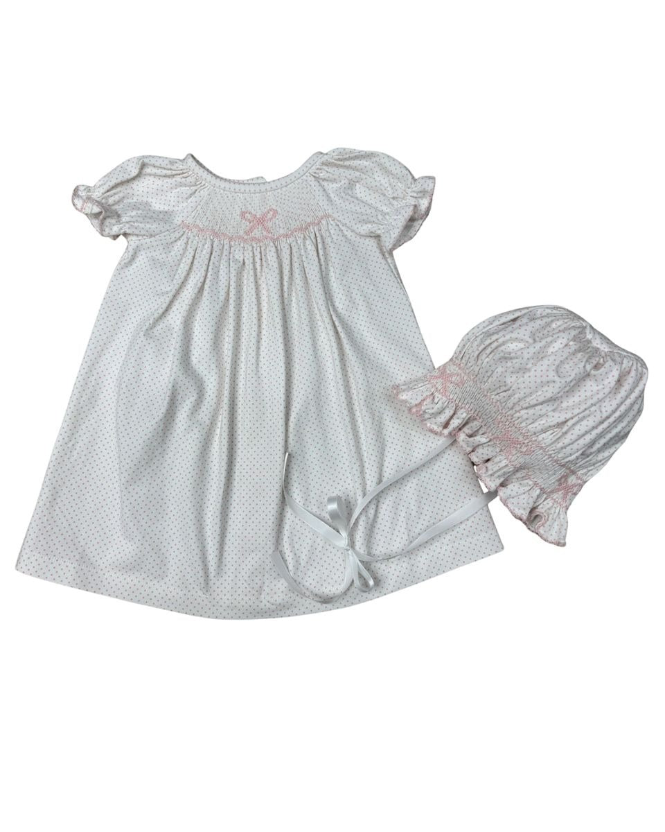 Delaney Girls White Pink Dot Smocked Pink Bow Daygown & Bonnet DELS26-L6 5302