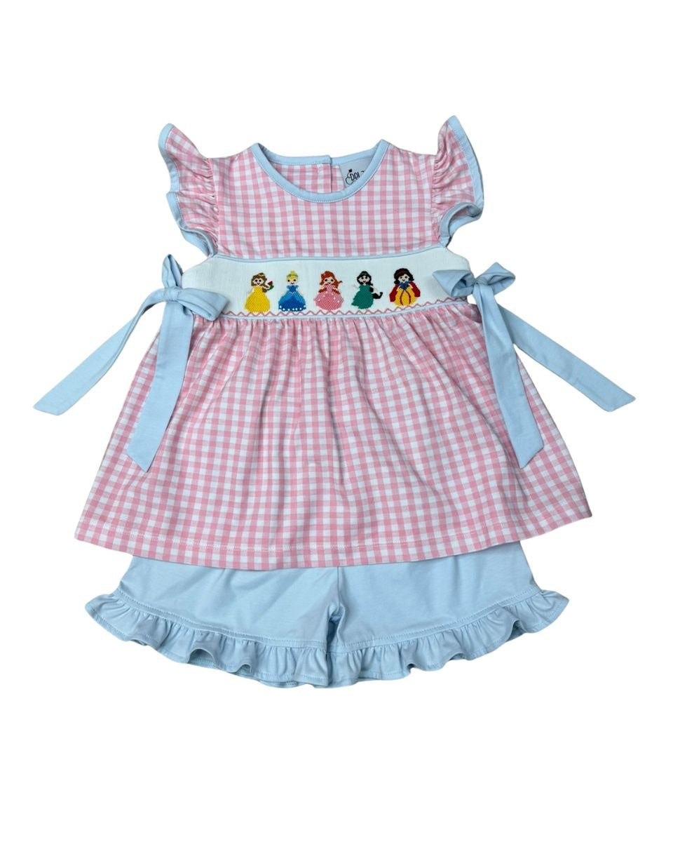 Delaney Girls Pink Knit Gingham Smocked Princess Sleeveless Short Set DELS26-82 5302