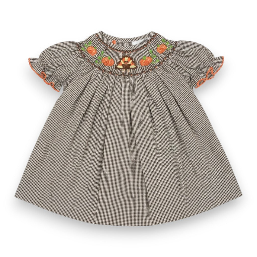 Delaney Girls Brown Check Smocked Turkey & Pumpkin SS Bishop Dress 101 5308