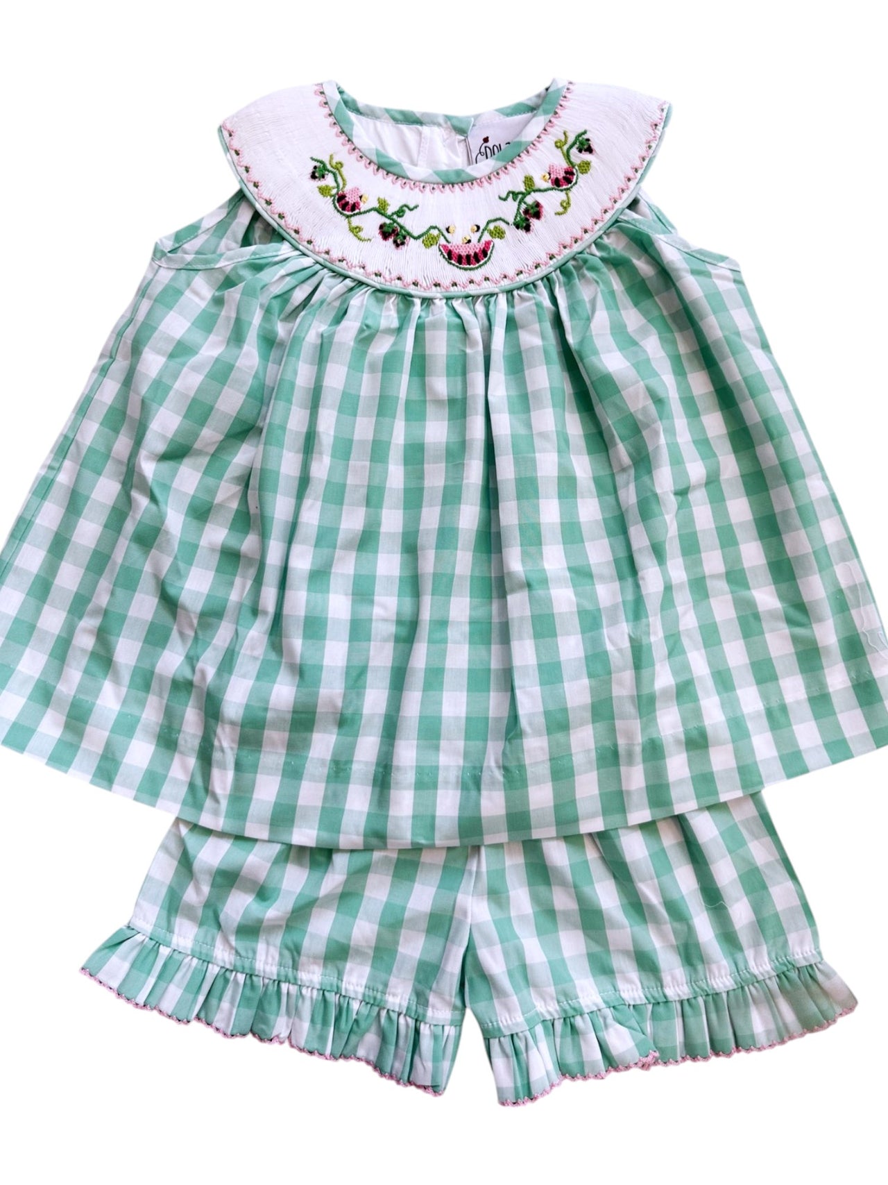 Delaney Spring Green Check Smocked Watermelon Collar Sleeveless Top/Short Set DELS25-98 5201