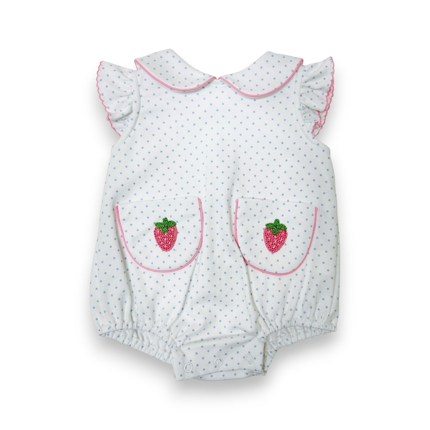 Petit Bebe Strawberry Lt Blue & White Knit Polka Dot Girl's Bubble W/Ruffle Sleeves 459F-MS26
