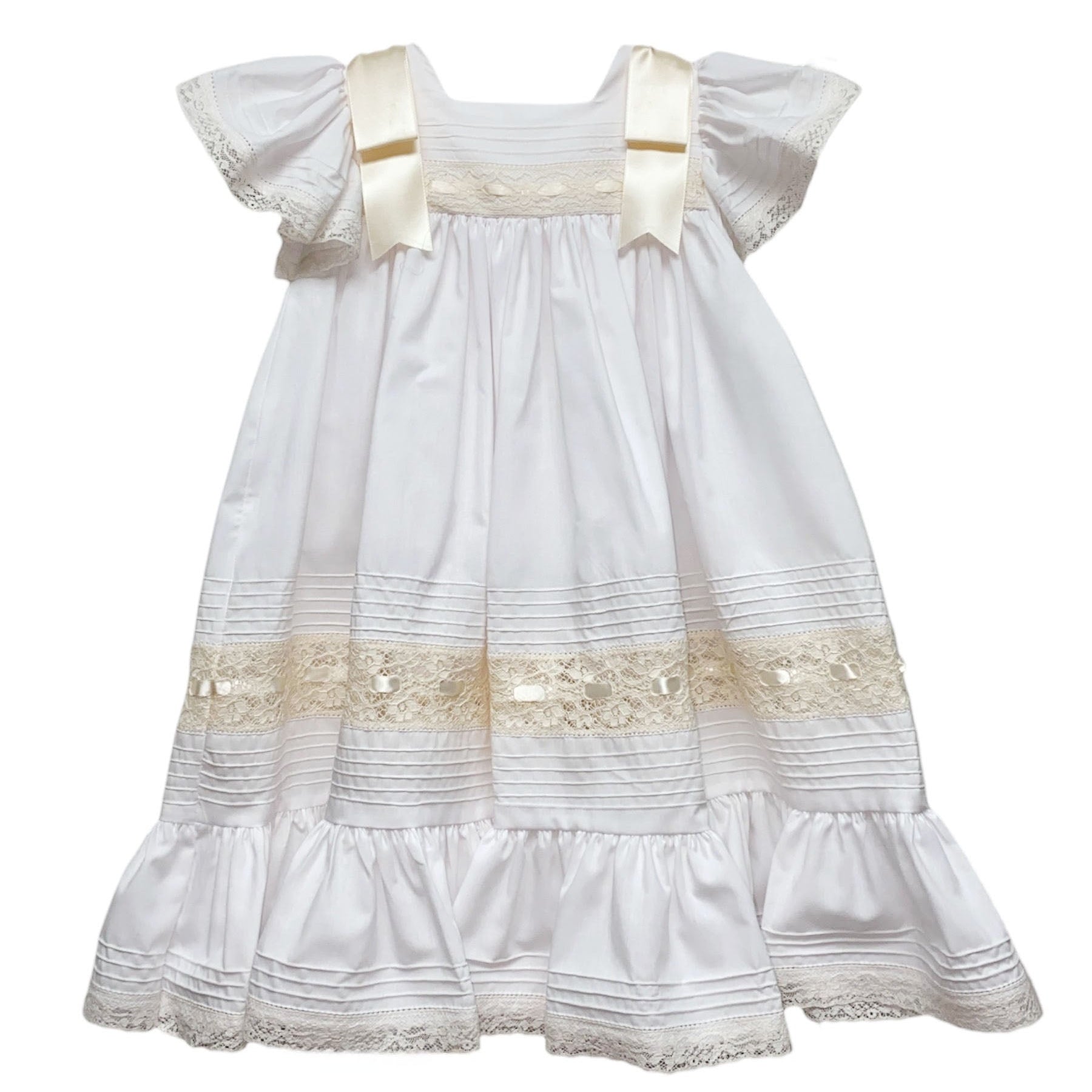 Treasured Memories White Dress w/ Angel Wing Sleeves, Ecru Lace & Thick Satin Ribbon 1632S WH/EC/EC