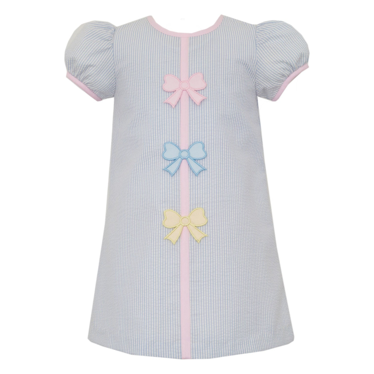 Claire & Charlie Pastel Bows Lt Blue Seersucker A-Line Dress W/Round Neck 5002D-CS26 5212