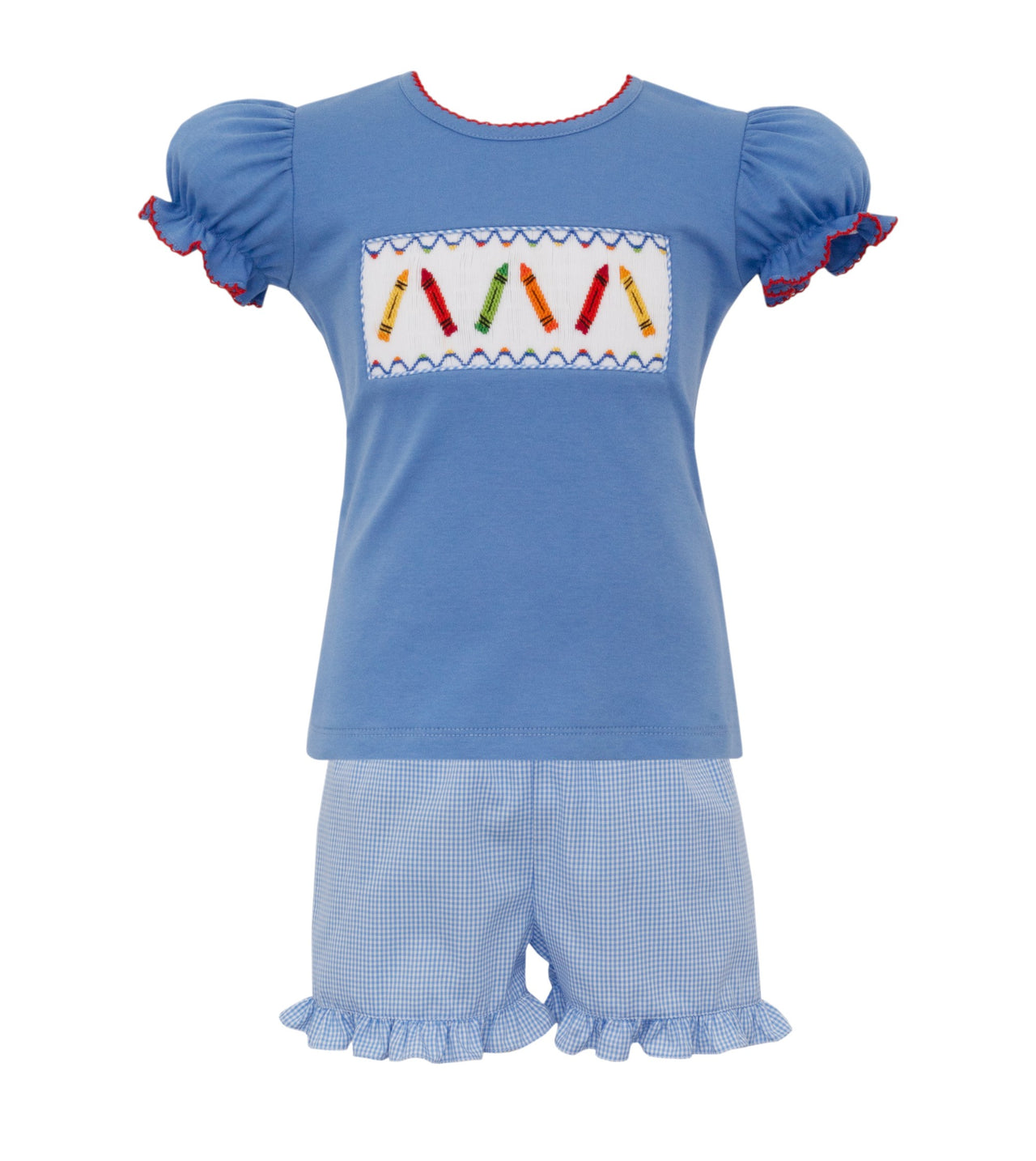 Anavini Crayon's Girls Smocked Shirt W/Periwinkle Gingham Girl's Short500/Q/SG 5207