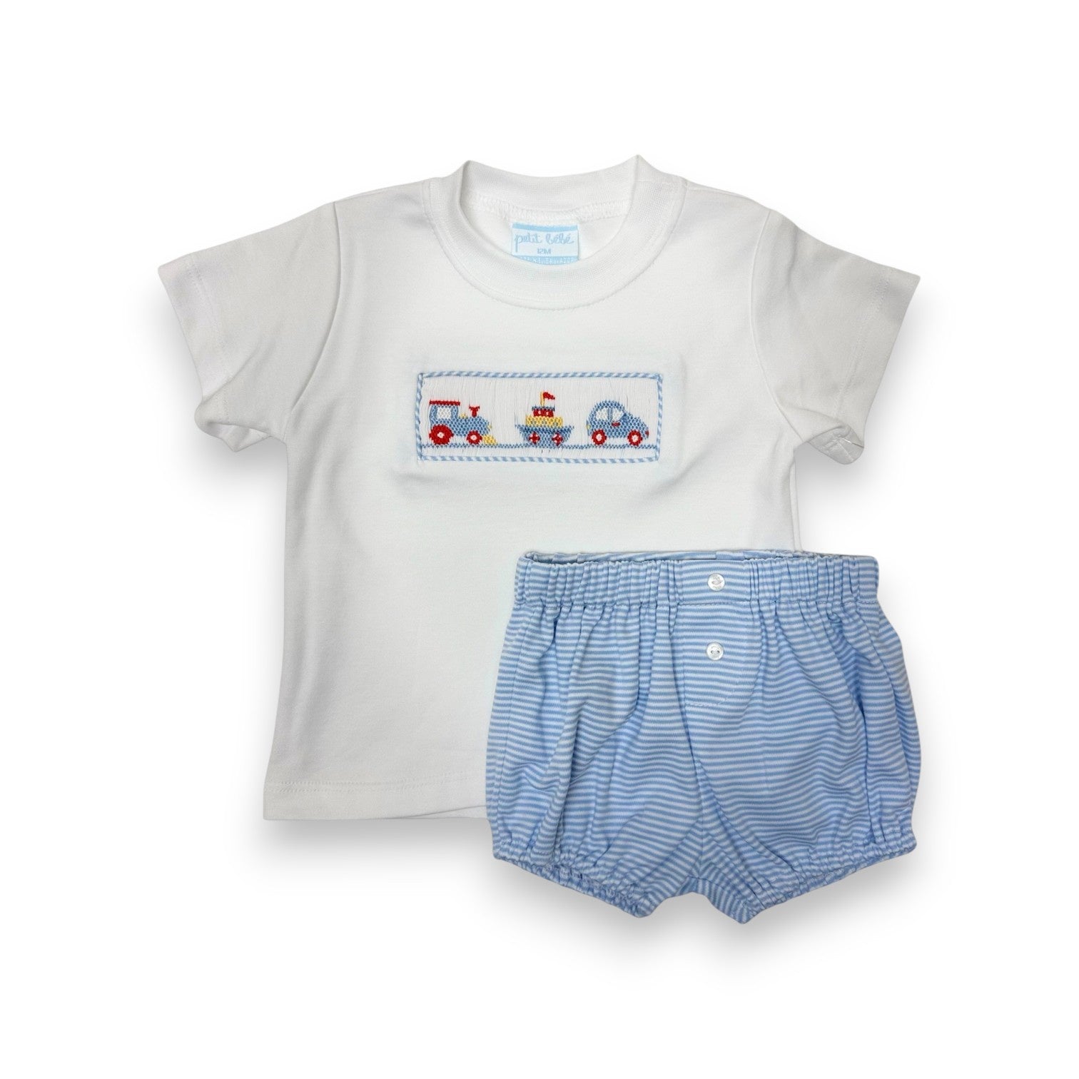 Petit Bebe Transportation Lt Blue Knit Stripe Boy's White T-Shirt Set W/Diaper/ toddler has shorts430M-MS26 5303