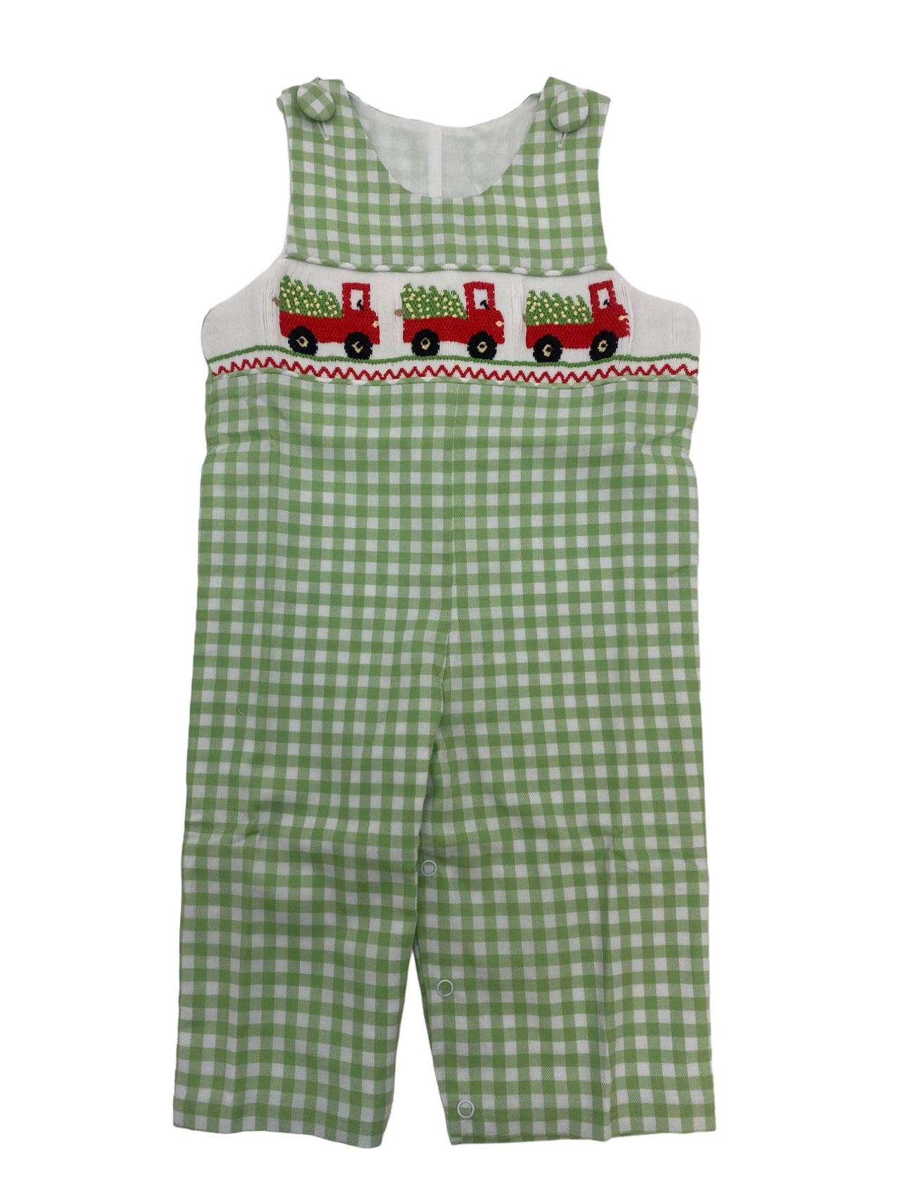 Delaney Boys Apple Green White Check Smocked Tree/Truck Smocked Long Jon Jon 19 5108