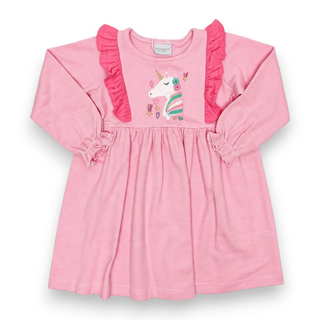 Squiggles Pink/White Stripe Dress Unicorn Applique & Ruffles on Yoke 316/04MS