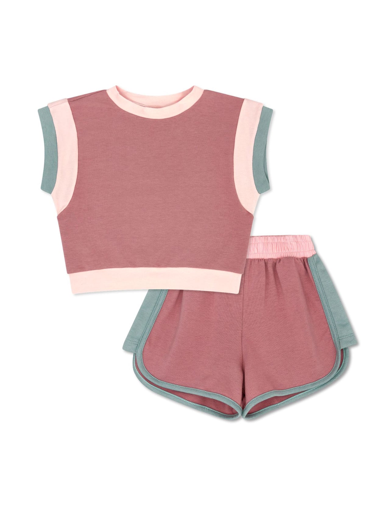 Set Proper Dark Pink, Light Pink, and Sage Green Jogger Knit Top W/Jogger Shorts Ellie Everyday Set 5202