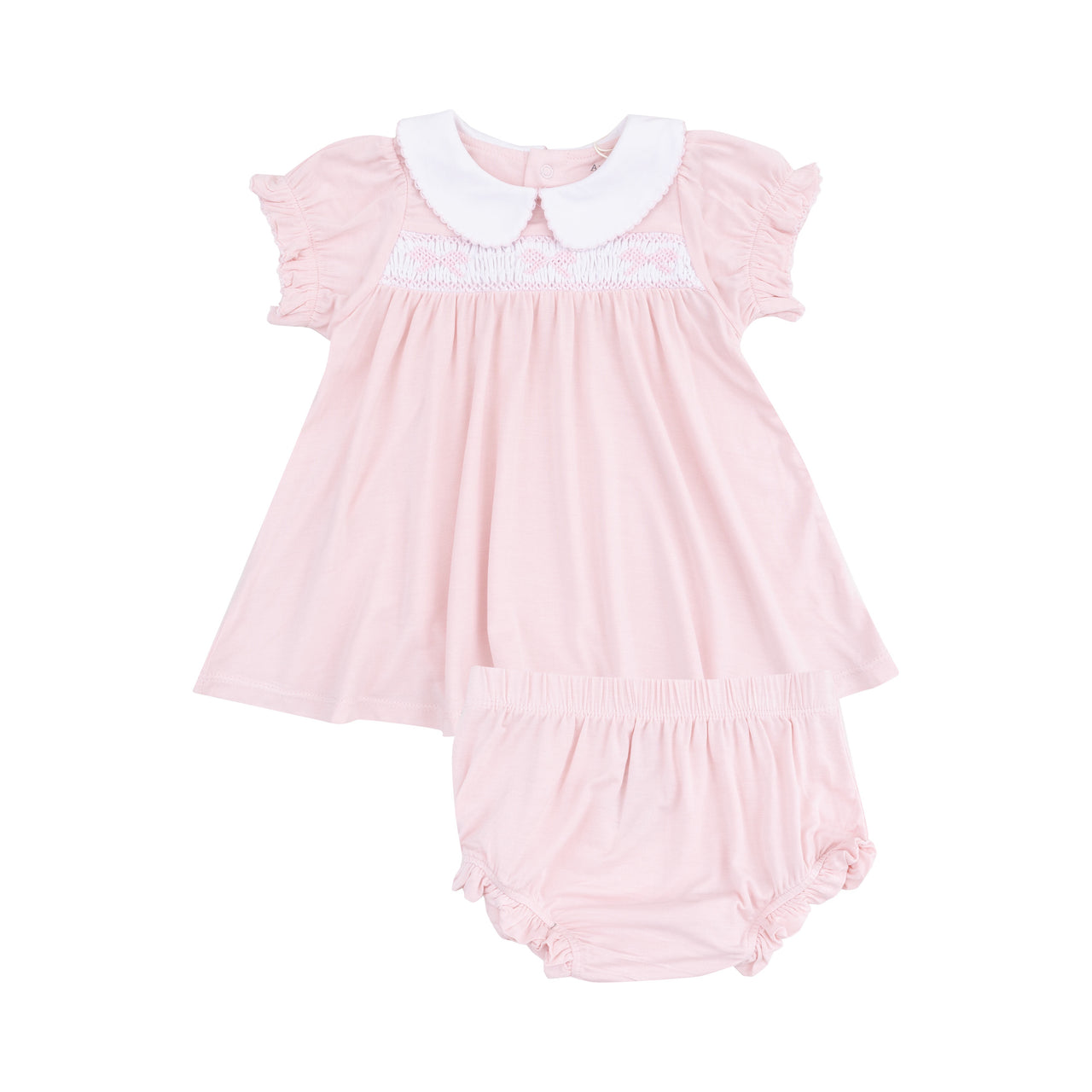 Angel Dear Solid Classic Pink Smocked Peterpan Collar Dress & Ruffle Leg Bloomer 5202