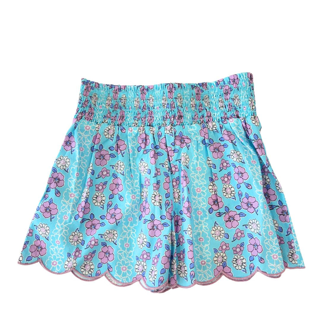 Bisby Shirred Scallop Shorts Marguerite Floral Aqua 5202