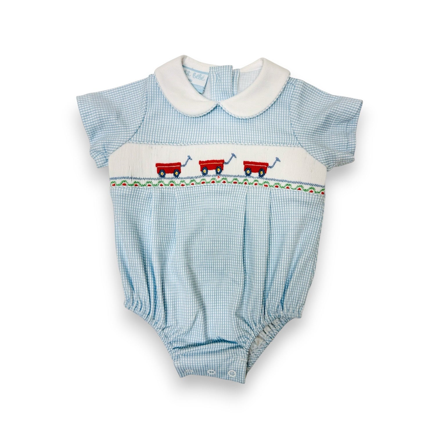 Petit Bebe Wagons Blue Knit Gingham  Boy's Bubble 437BB-MS26 5303