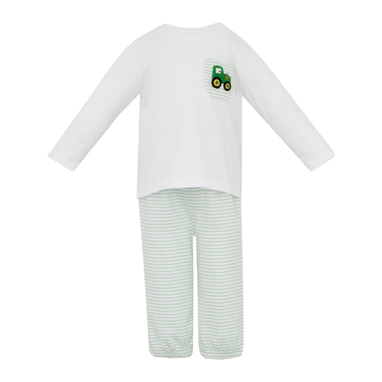 Petit Bebe Tractor Green stripe Knit Boy's Pant set W/Whit Knit T-shirt L/s 473M2-MF25 5209